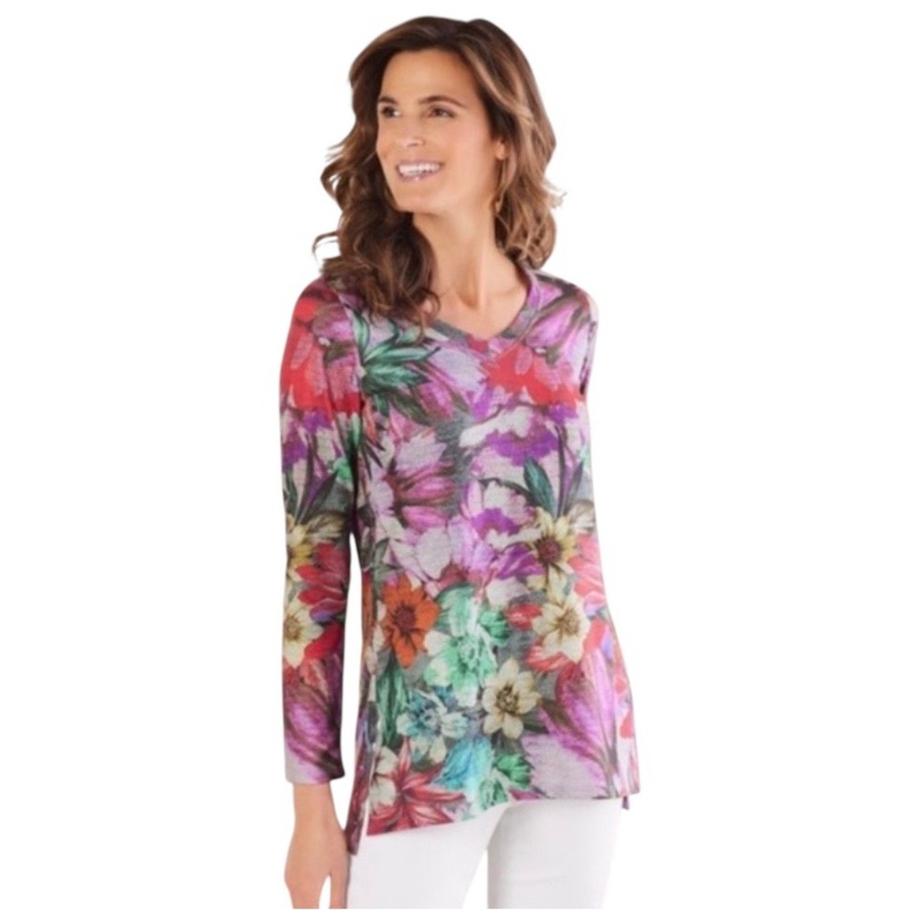 Soft Surroundings First Bloom Tunic vibrant watercolor floral V-neckline Comfort - Picture 2 of 12